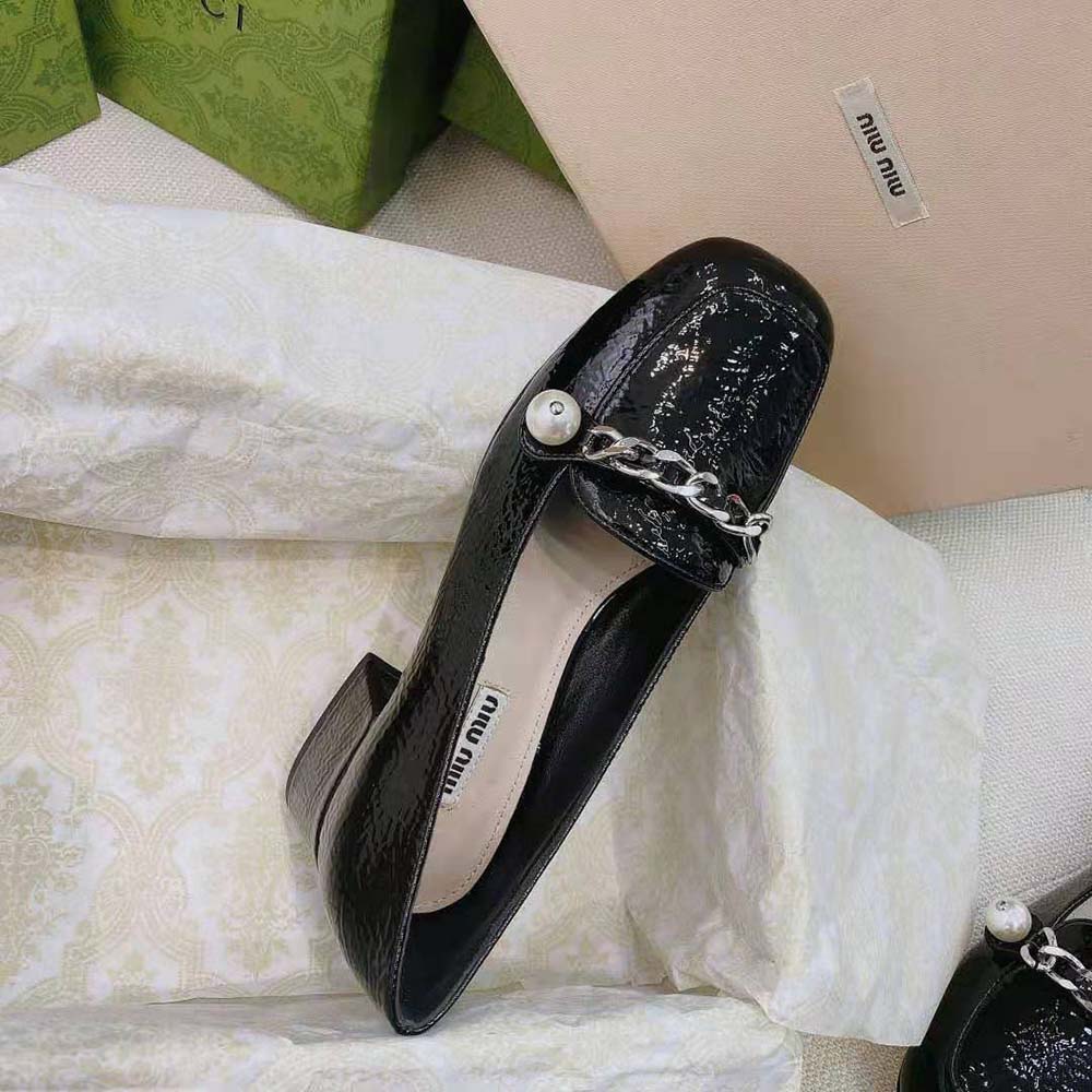 Top view showing patent leather finish of Miu Miu Women Patent Leather Loafers