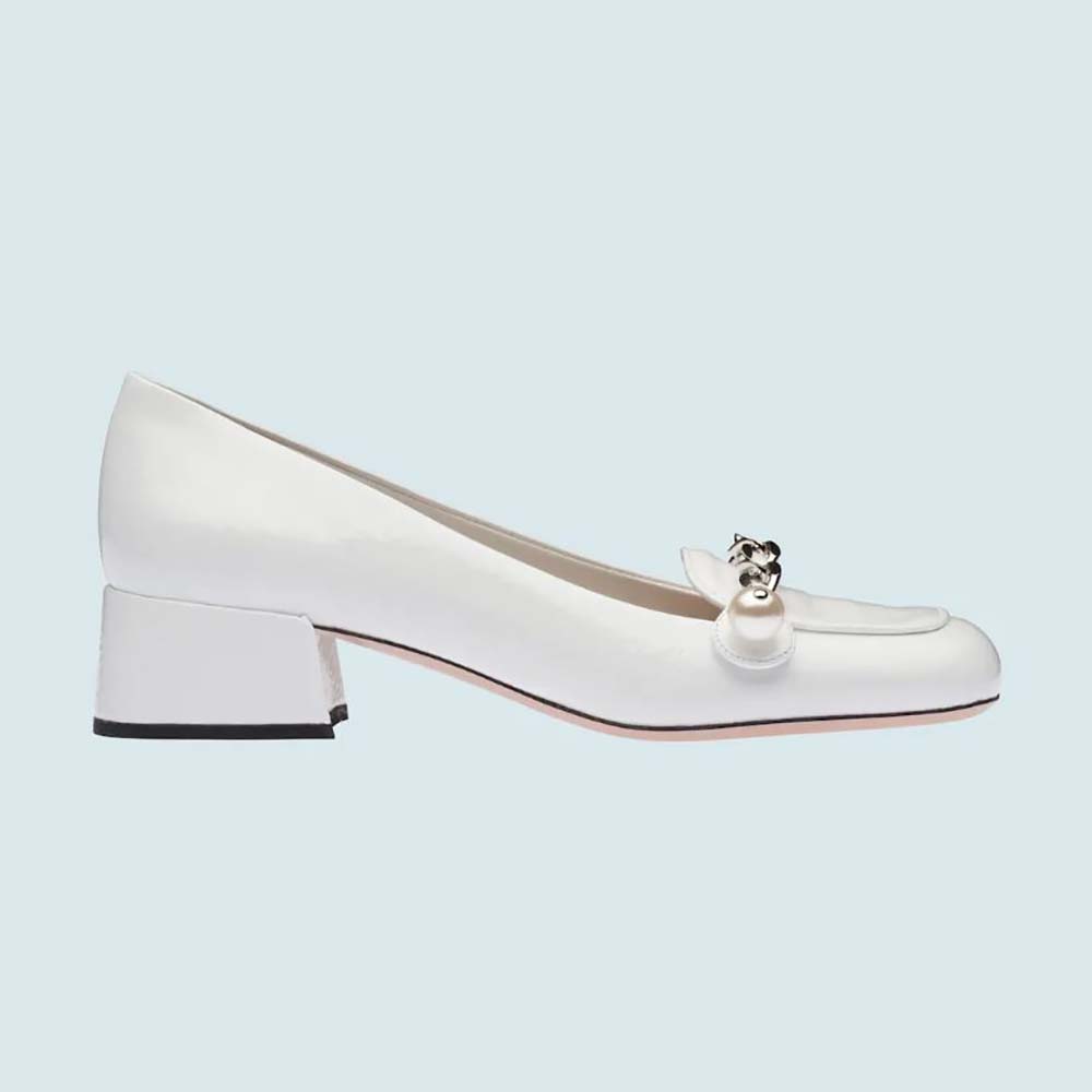 Side view of Miu Miu Women Patent Leather Loafers in 35mm Heel-White