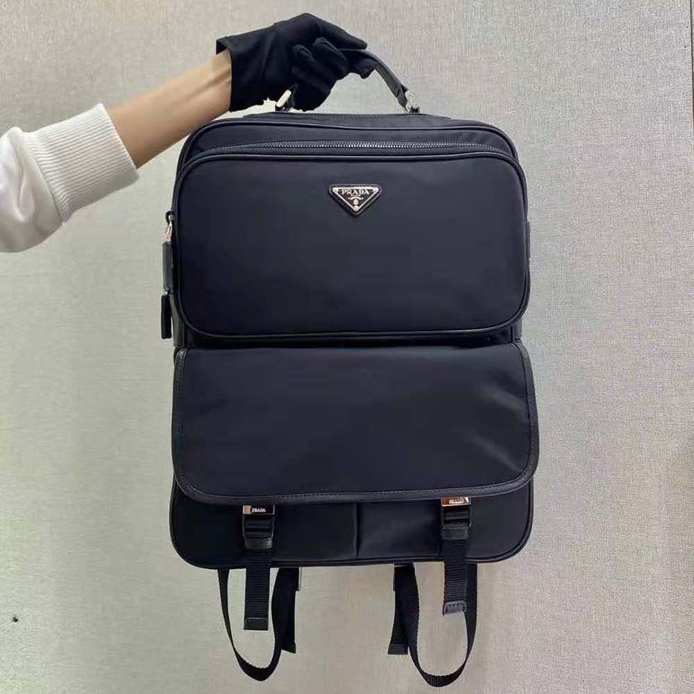 Close-up detail of saffiano leather trim on Prada Men Fabric Backpack