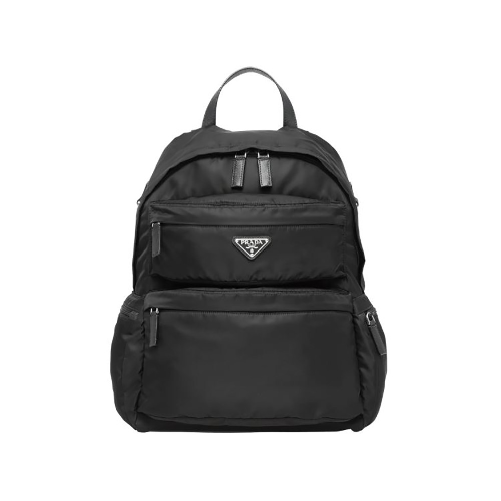 Front view of Prada Men Iconic Nylon Backpack with Timeless-Black