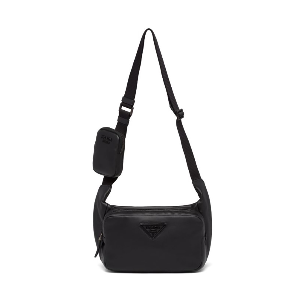 Front view of Prada Men Leather Shoulder Bag-Black showcasing logo hardware