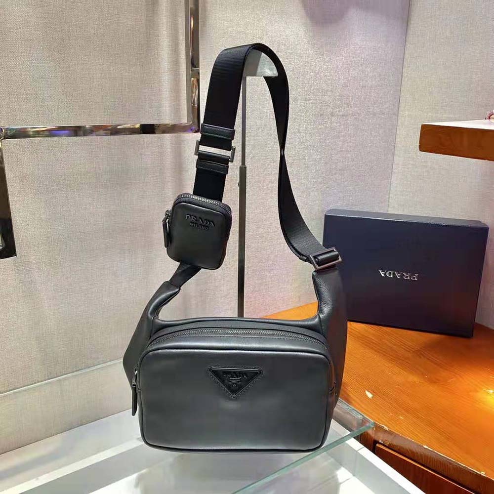 Close-up of black leather texture and zip closure on Prada Men Leather Shoulder Bag-Black