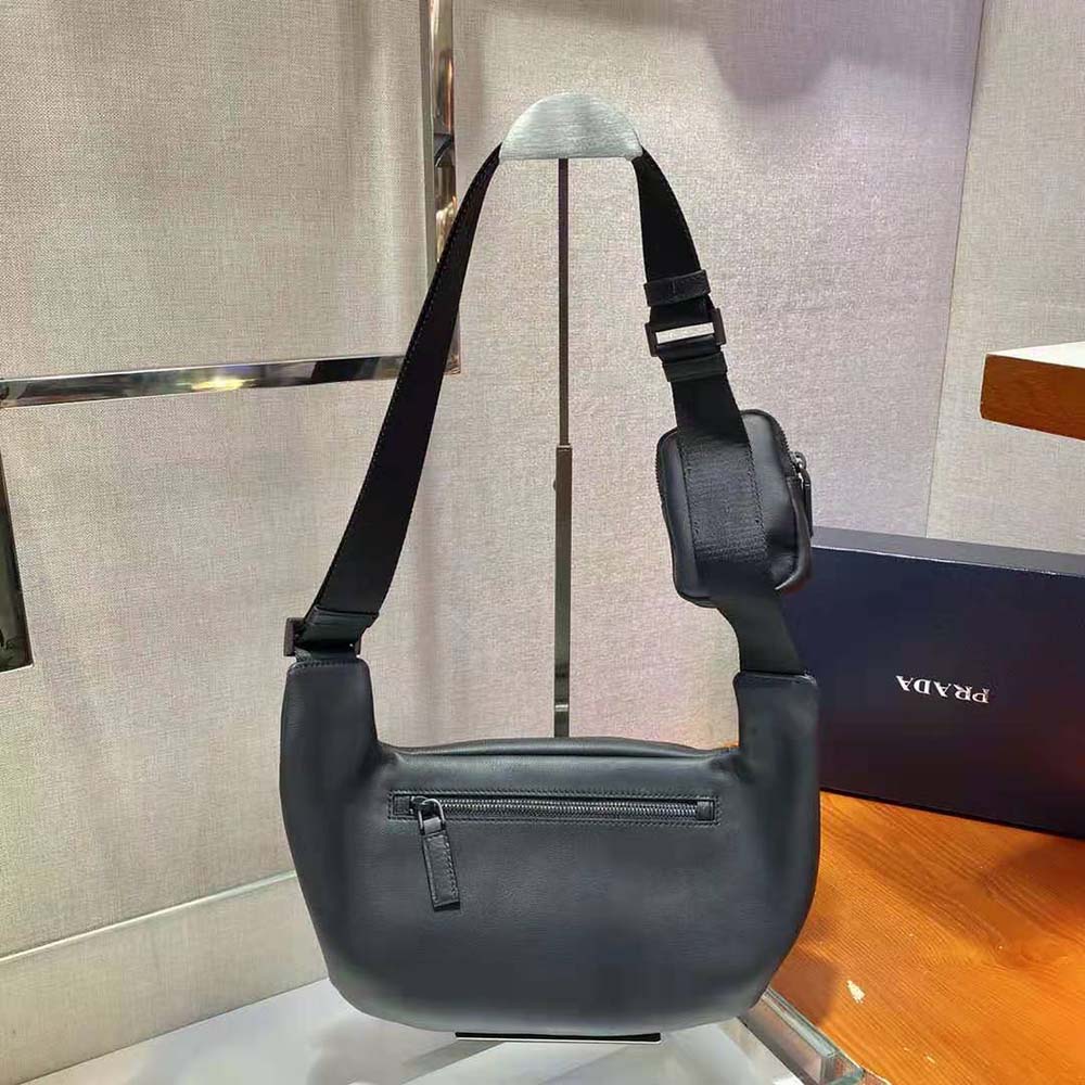 Side angle highlighting adjustable strap on Prada Men Leather Shoulder Bag-Black
