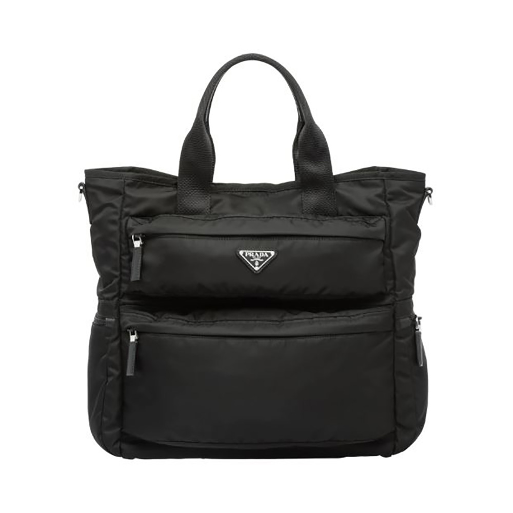 Front view of Prada Men Nylon Tote Bag-Black with zip closed