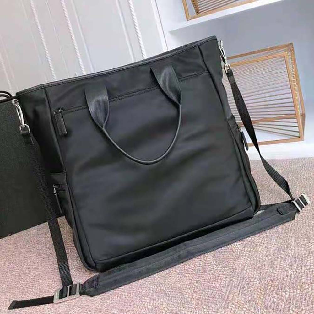 Side angle showing spacious interior of Prada Men Nylon Tote Bag