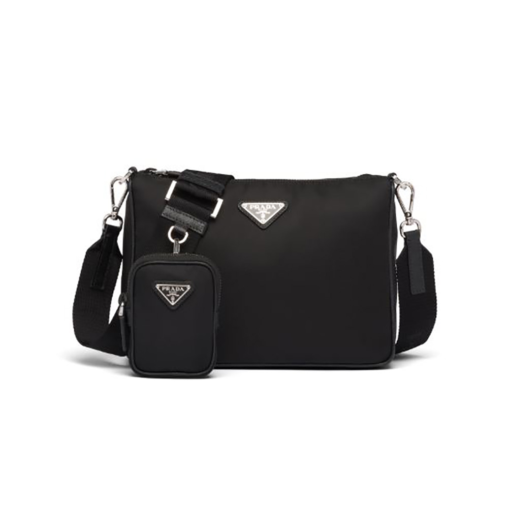 Front view of Prada Men Nylon and Saffiano Leather Bag with Strap-Black
