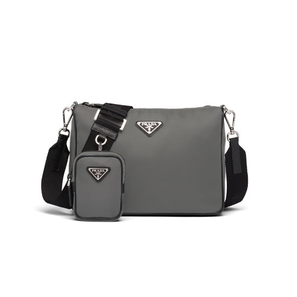 Front view of Prada Men Nylon and Saffiano Leather Bag with Strap-Silver