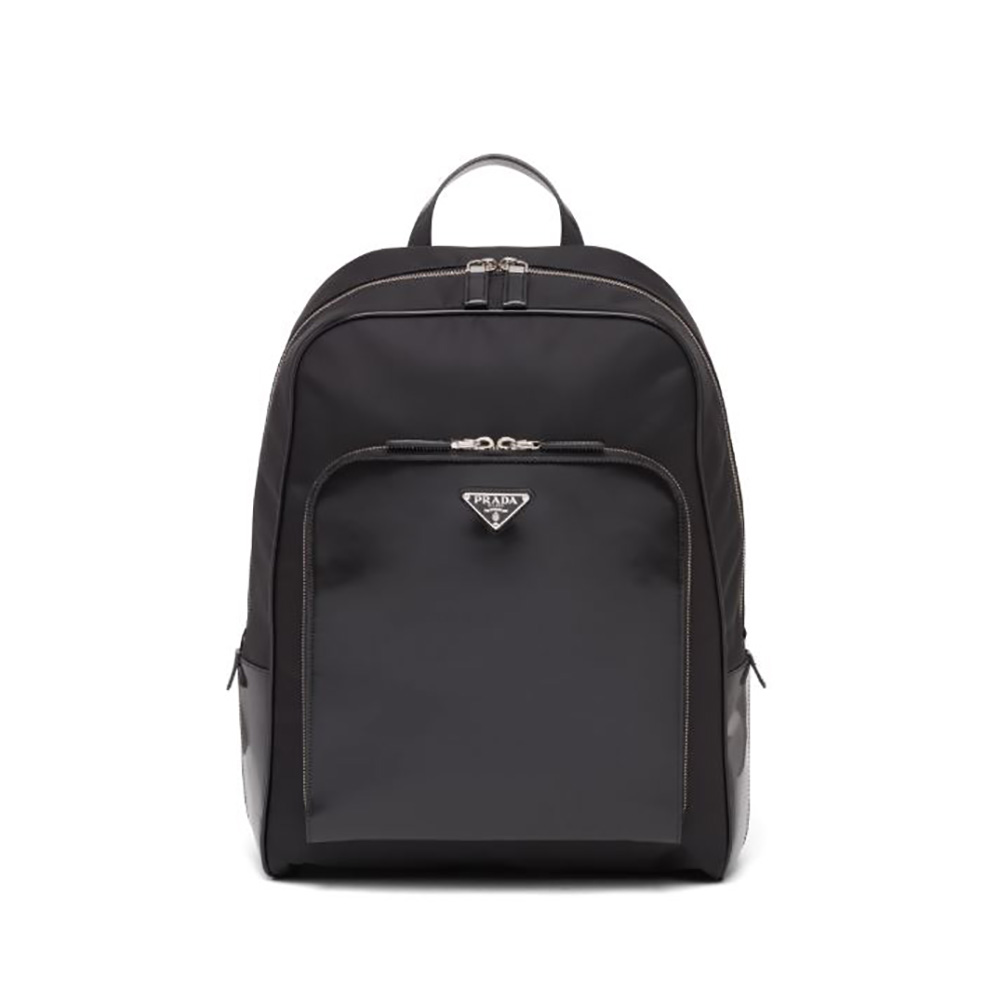Front view of Prada Men Re-Nylon and Leather Backpack-Black showing zip closure