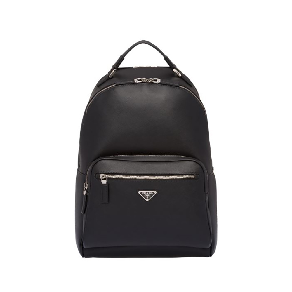 Front view of Prada Men Saffiano Leather Backpack-Black with zipped compartments