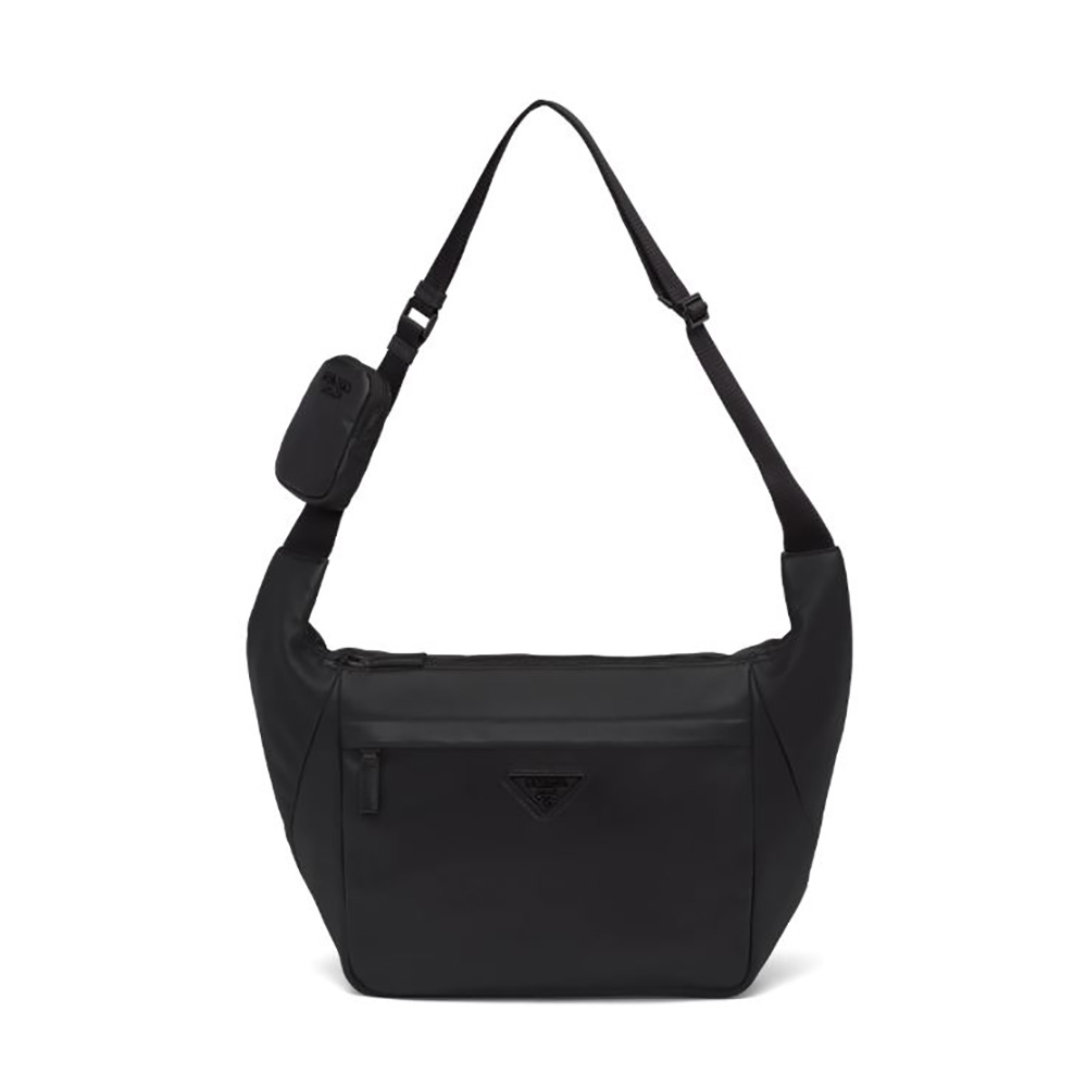 Front view of Prada Men Soft Leather Shoulder Bag-Black with flap closed