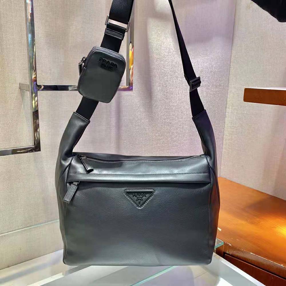 Side angle showing soft leather texture on Prada Men Soft Leather Shoulder Bag