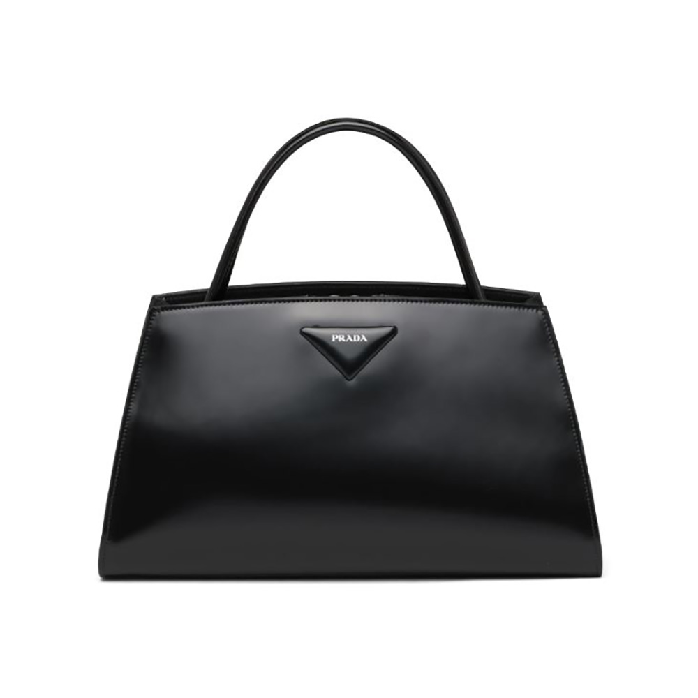 Front view of Prada Women Brushed Leather Handbag-Black with zipper closed