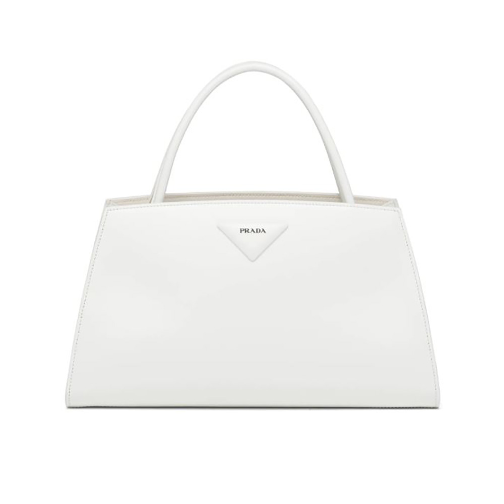 Front view of Prada Women Brushed Leather Handbag-White with clasp