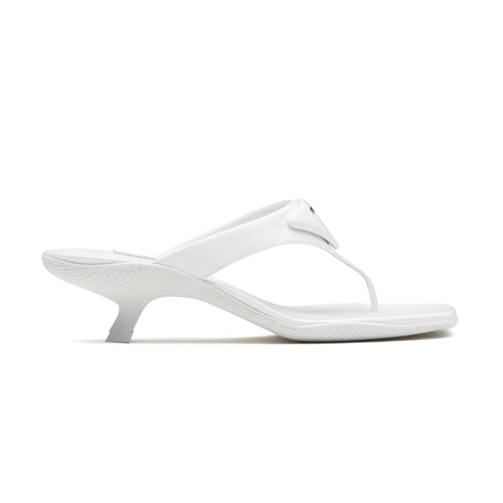 Side profile of Prada Women Brushed Leather High-heeled Thong Sandals-White