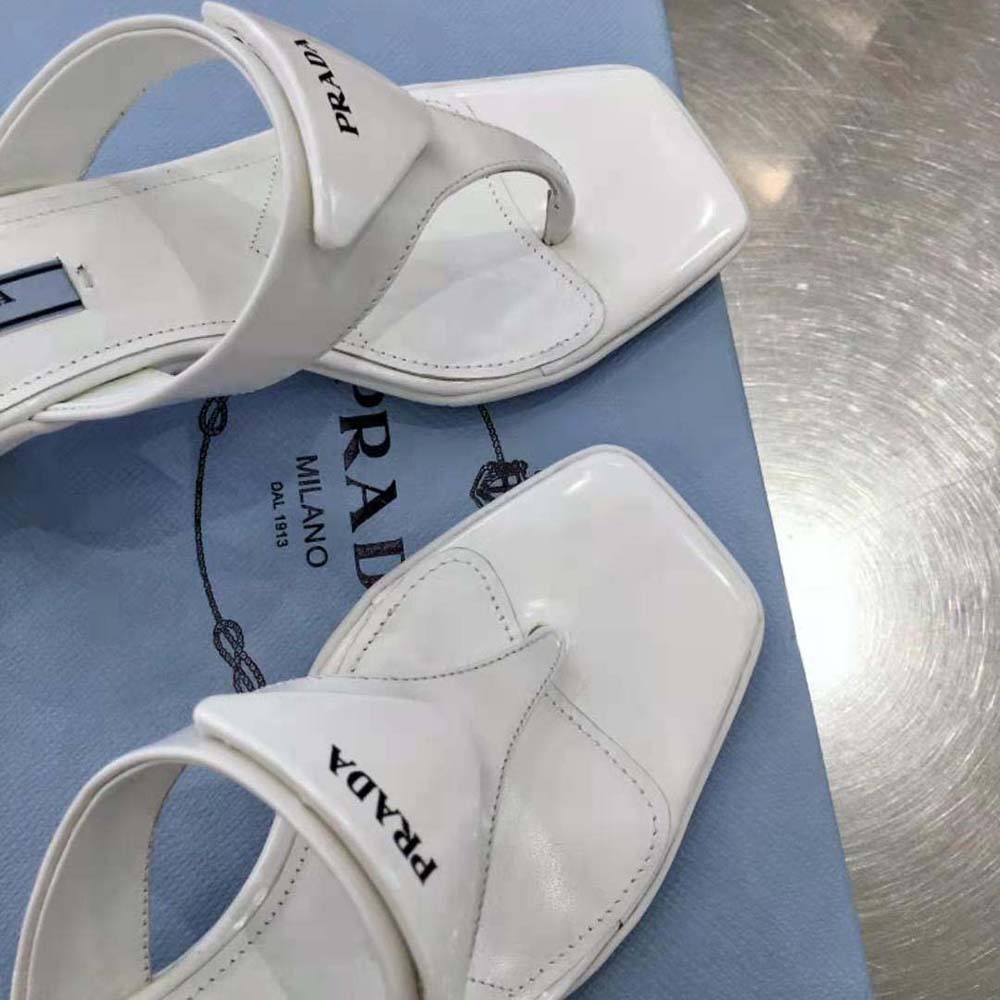 Prada Women Brushed Leather High-heeled Thong Sandals-White - image 9