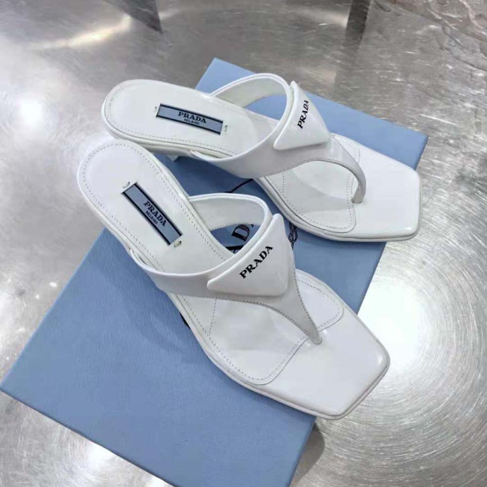 Top view showing thong strap and high heel of Prada Women Brushed Leather Sandals