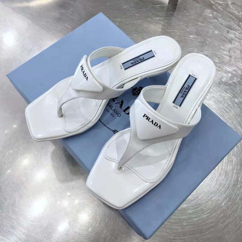 Prada Women Brushed Leather High-heeled Thong Sandals-White - image 4