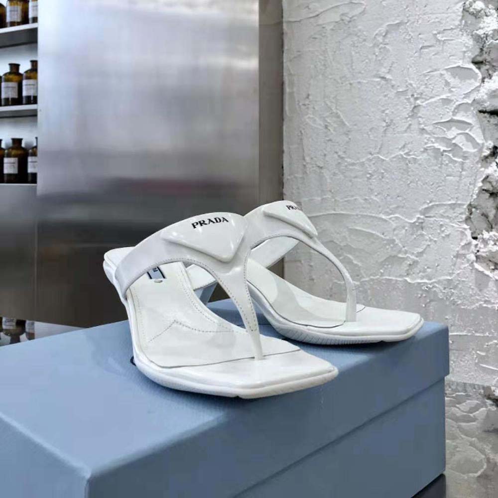Prada Women Brushed Leather High-heeled Thong Sandals-White - image 6
