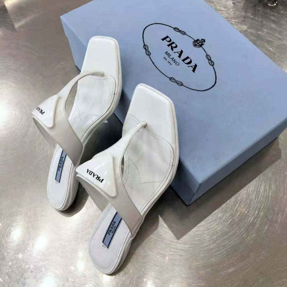 Prada Women Brushed Leather High-heeled Thong Sandals-White - image 8