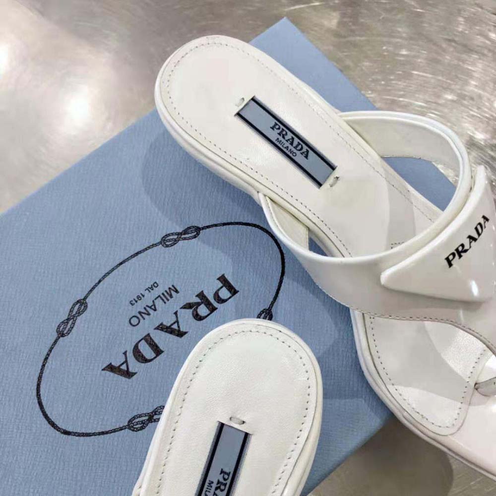 Prada Women Brushed Leather High-heeled Thong Sandals-White - image 10