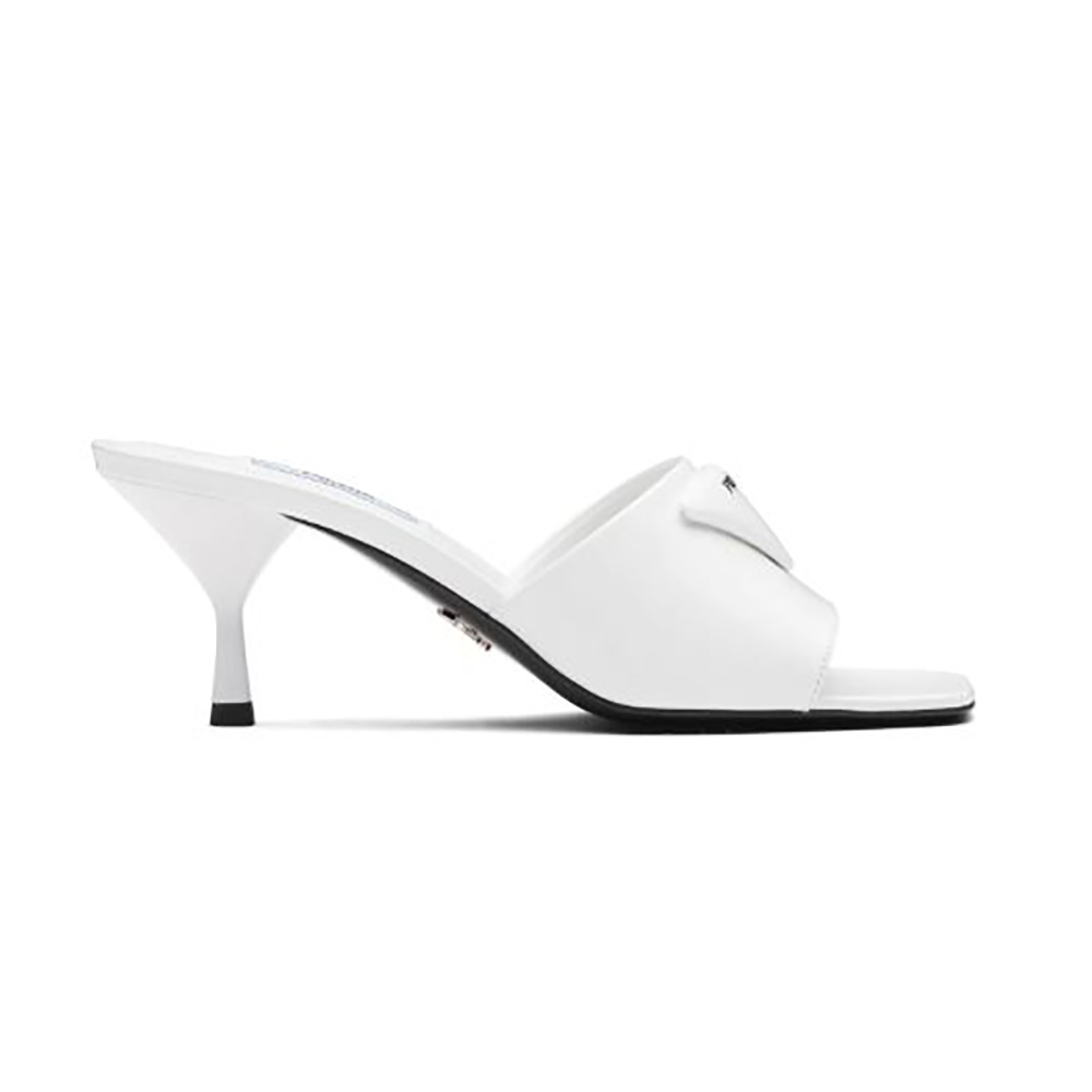 Side view of Prada Women Brushed Leather Mid-heeled Slides in 65mm Heel-White