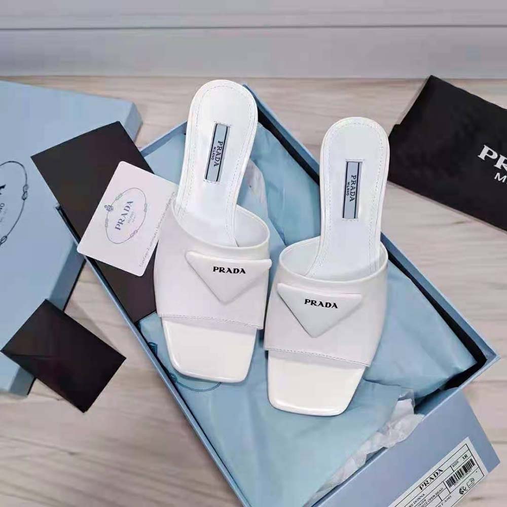 Prada Women Brushed Leather Mid-heeled Slides in 65mm Heel-White - image 4