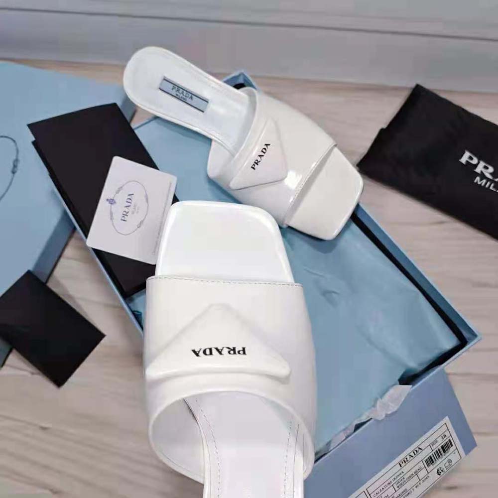 Prada Women Brushed Leather Mid-heeled Slides in 65mm Heel-White - image 9