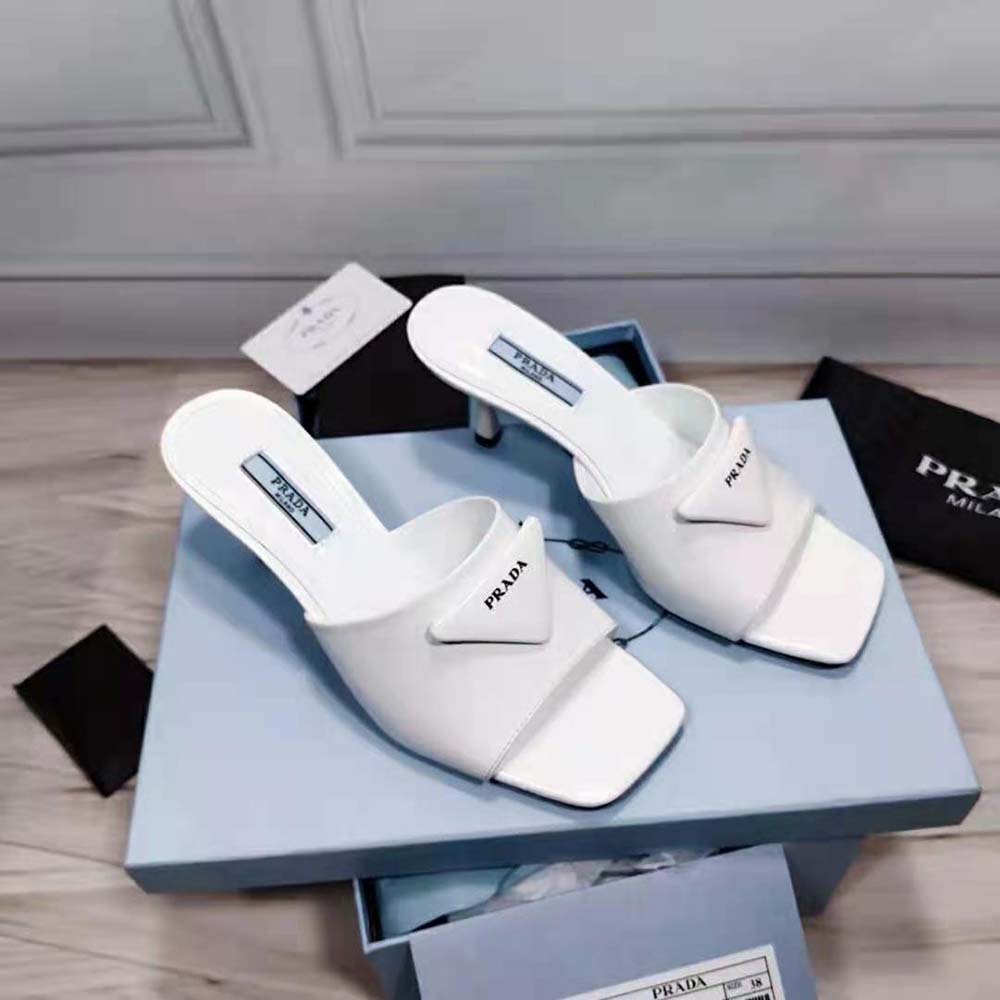 Prada Women Brushed Leather Mid-heeled Slides in 65mm Heel-White - image 5