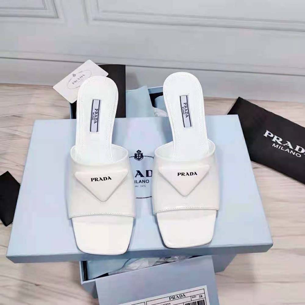 Prada Women Brushed Leather Mid-heeled Slides in 65mm Heel-White - image 6