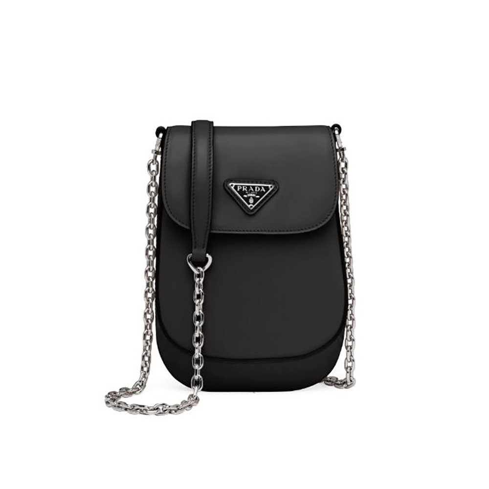 Front view of Prada Women Brushed Leather Mini-bag-Black with silver hardware