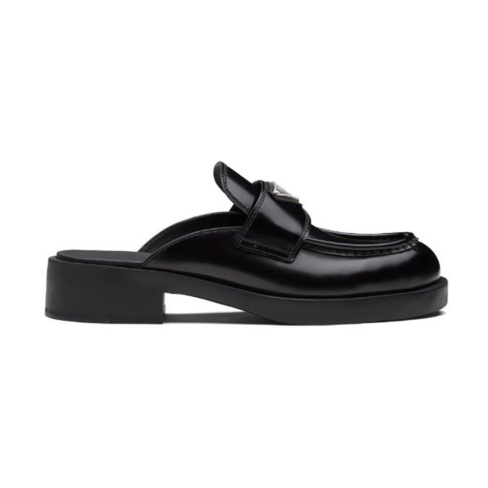 Side view of Prada Women Brushed Leather Mules in 40mm Heel-Black