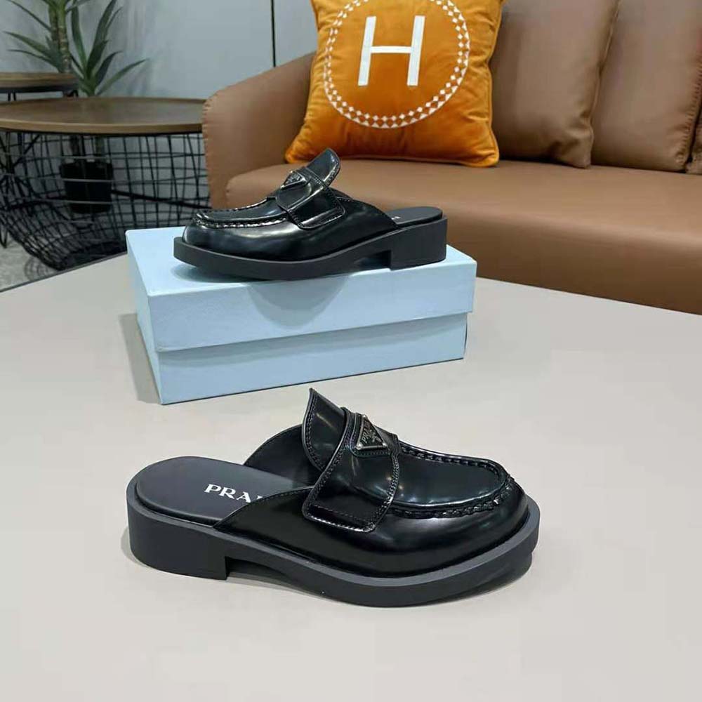 Prada Women Brushed Leather Mules in 40mm Heel-Black - image 5