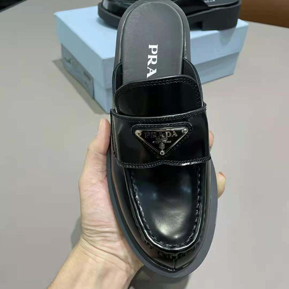 Prada Women Brushed Leather Mules in 40mm Heel-Black - image 6