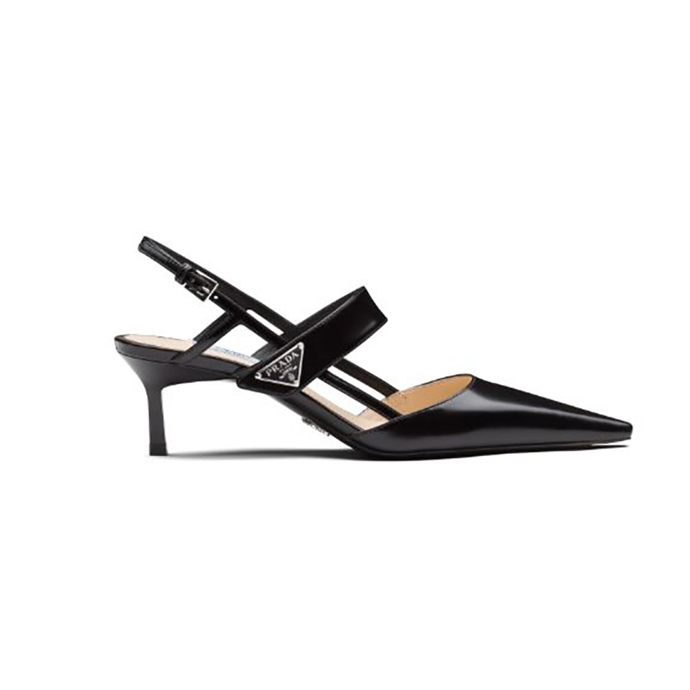Side profile of Prada Women Brushed Leather Slingbacks in 55mm Heel-Black