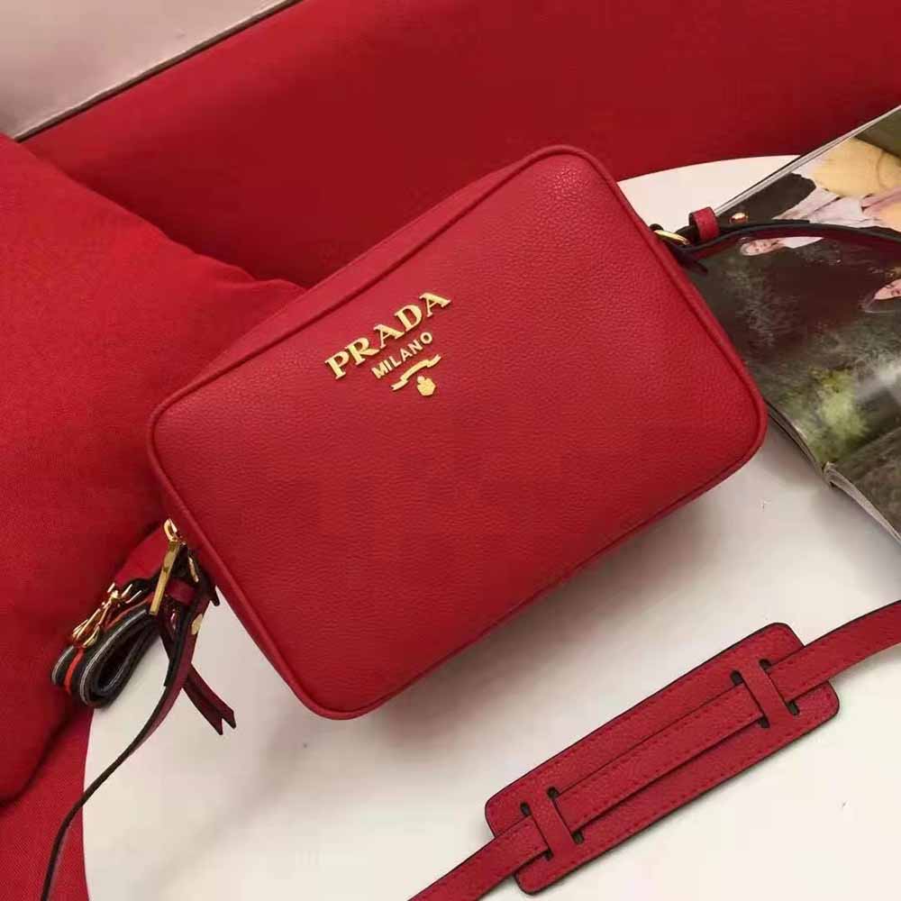 Close-up of red calf leather texture on Prada Women Calf Leather Shoulder Bag-Red