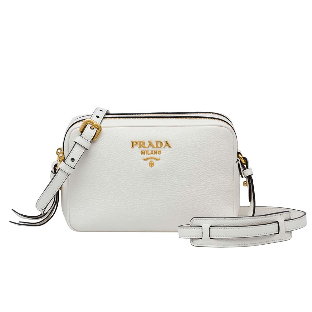 Front view of Prada Women Calf Leather Shoulder Bag-White with silver logo