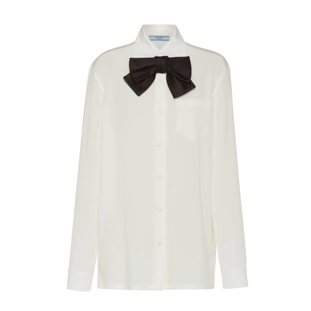 Front view of Prada Women Crepe DE Chine Shirt-White with button closure