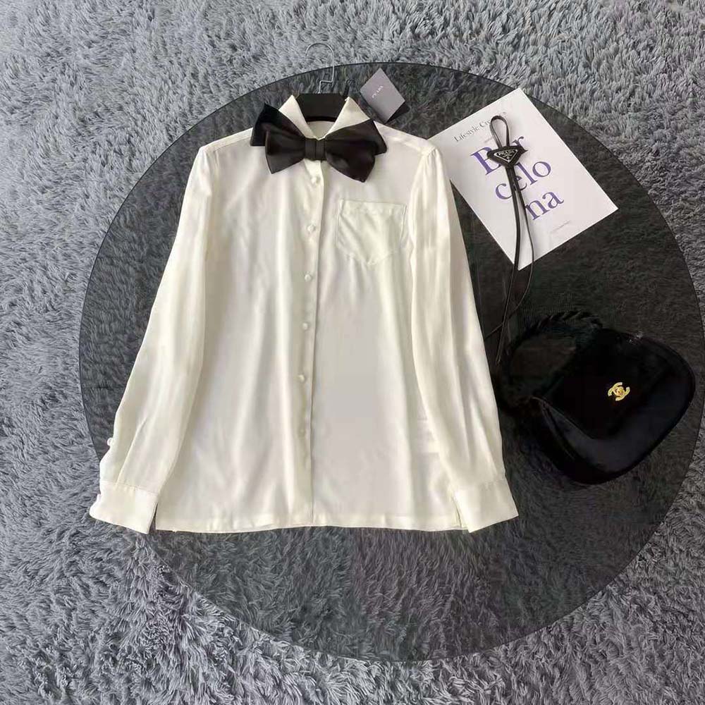 Side profile showing relaxed fit of Prada Women Crepe DE Chine Shirt-White