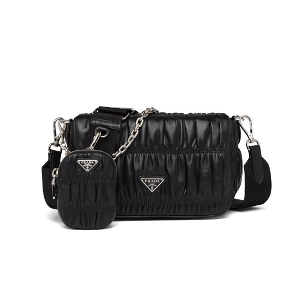 Front view of Prada Women Gaufre Nappa Leather Shoulder Bag-Black