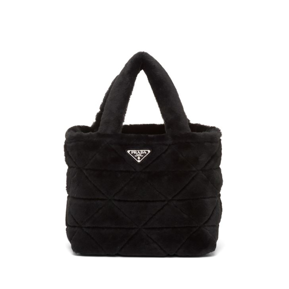 Front view of Prada Women Iconic Triangle Logo Soft Shearling Tote-Black