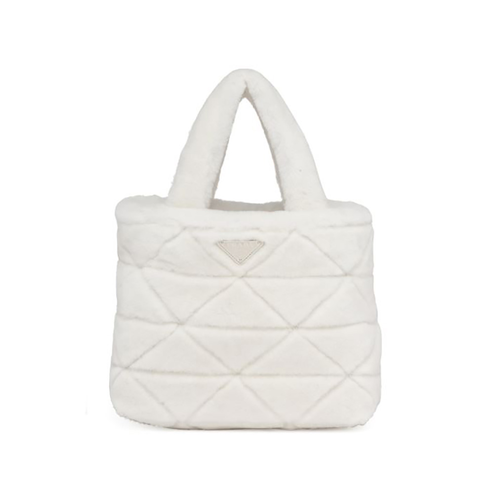Front view of Prada Women Iconic Triangle Logo Soft Shearling Tote-White