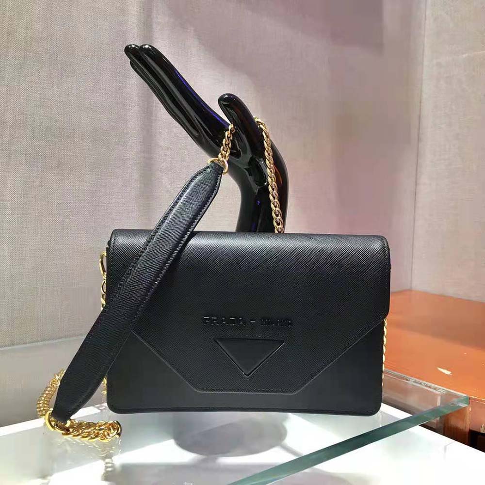 Close-up of smooth leather texture and silver hardware on Prada mini-bag