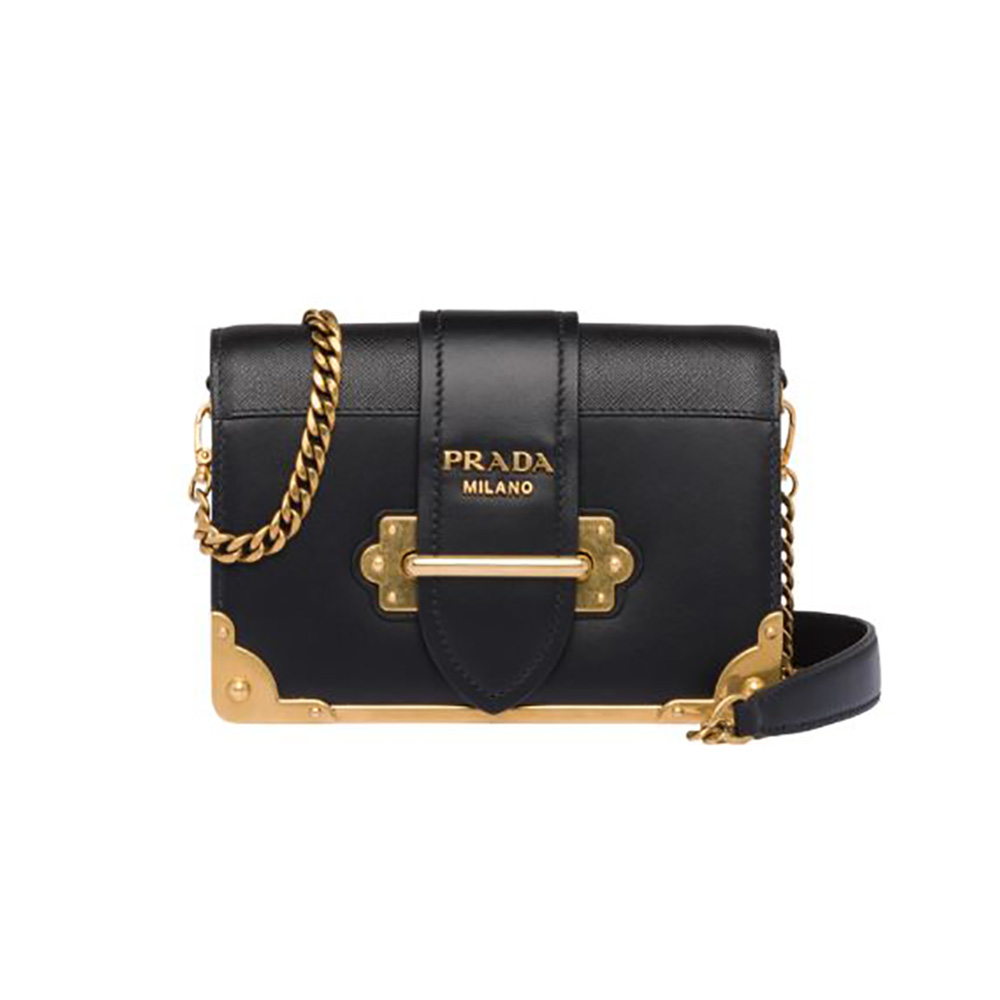 Front view of Prada Women Leather Prada Cahier Bag-Black with clasp detail