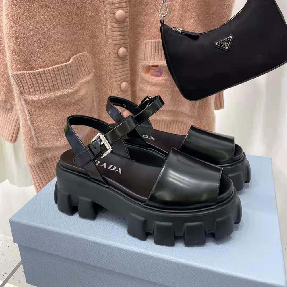Close-up of brushed leather and monolith sole detail, Prada Women Monolith Sandals