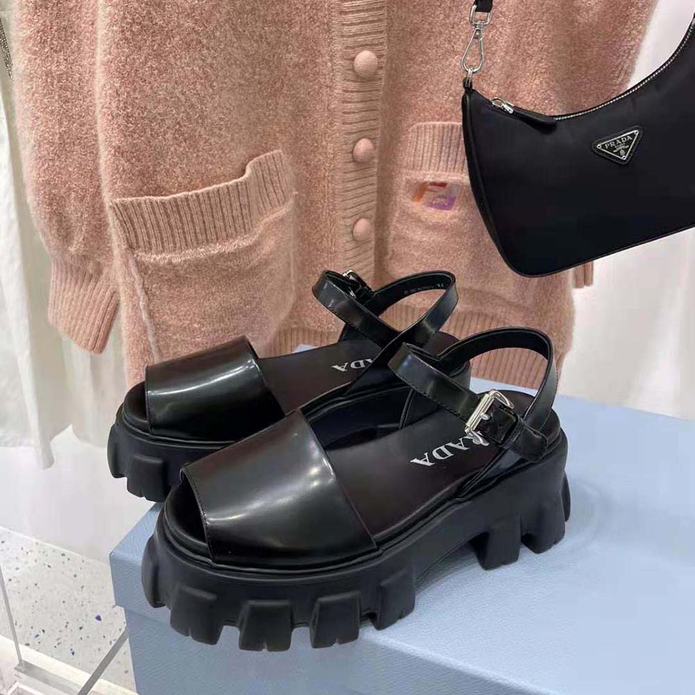 Prada Women Monolith Brushed Leather Sandals in 55mm Heel-Black - image 6