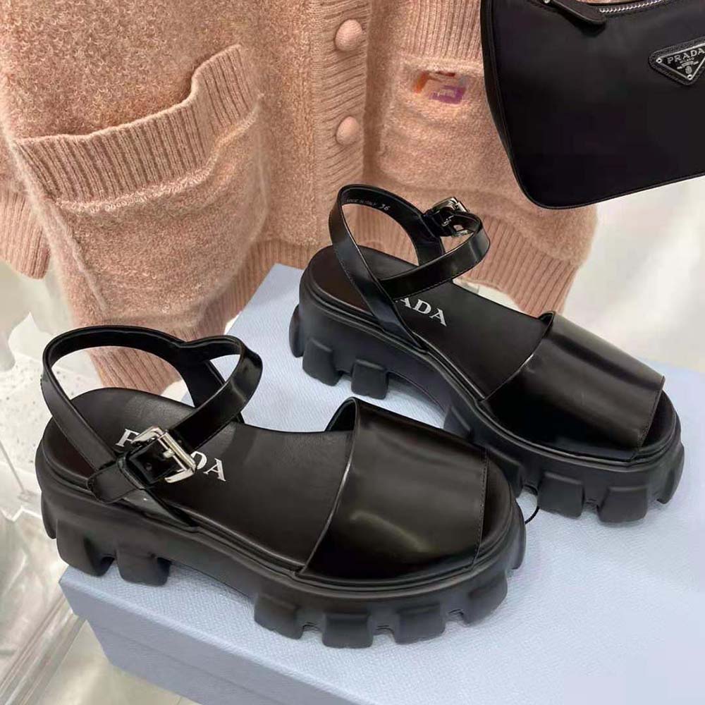 Prada Women Monolith Brushed Leather Sandals in 55mm Heel-Black - image 5