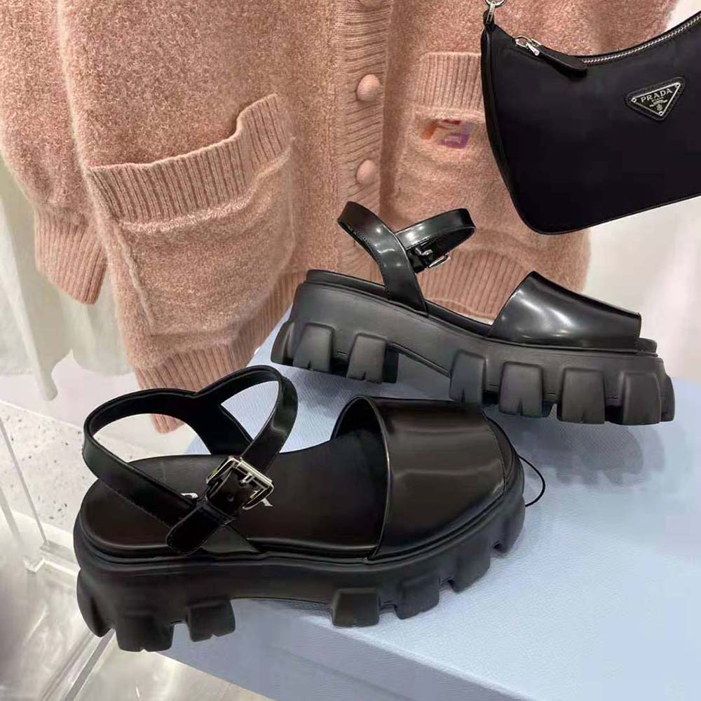 Prada Women Monolith Brushed Leather Sandals in 55mm Heel-Black - image 7