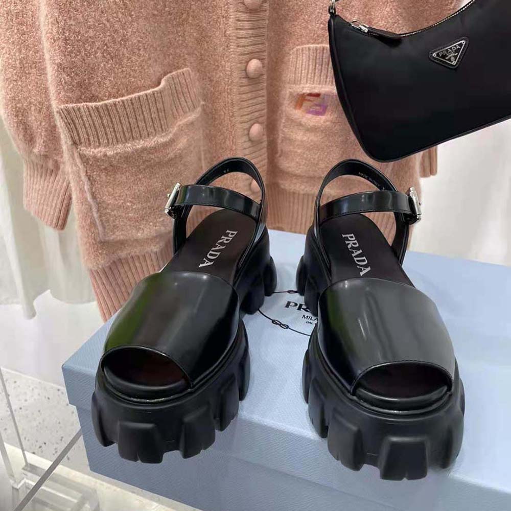 Prada Women Monolith Brushed Leather Sandals in 55mm Heel-Black - image 4