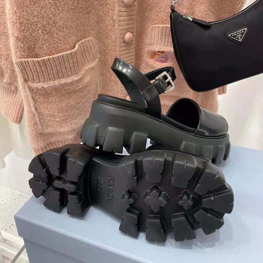 Prada Women Monolith Brushed Leather Sandals in 55mm Heel-Black - image 8