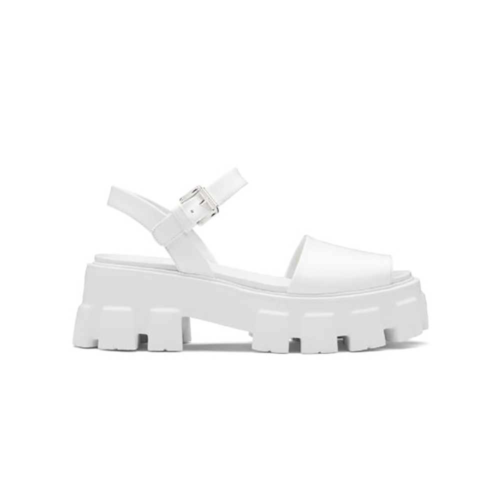 Side profile of Prada Women Monolith Brushed Leather Sandals in 55mm Heel-White